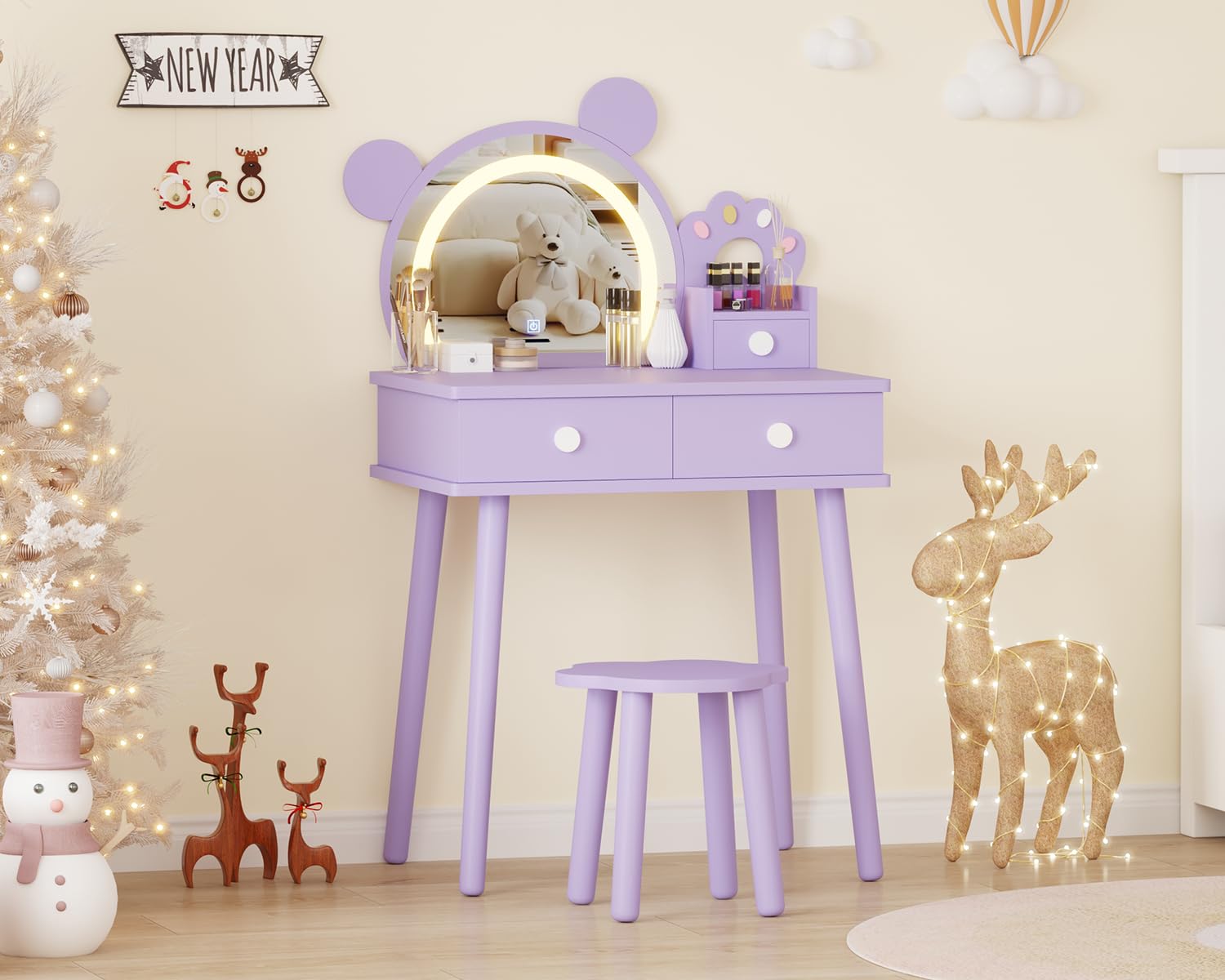 Ensemble coiffeuse pour enfants Garvee avec lumière LED, miroir ours, rangement, bois MDF, violet, pour chambre et salle de jeux