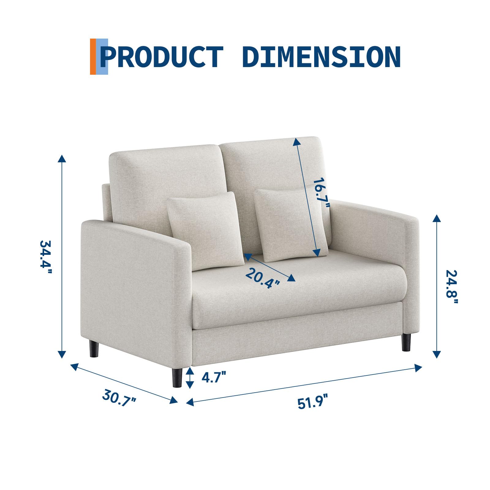 Canapé deux places Garvee 52" avec ressorts ensachés de 7,5", dossier ergonomique, structure en bois massif, beige, pour salon et chambre