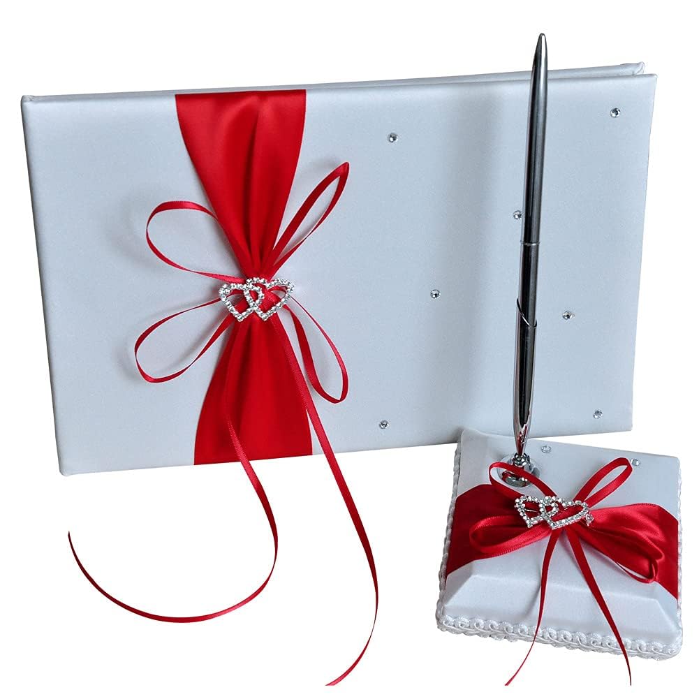 Livre d'or de mariage Garvee de haute qualité avec ruban décoratif et porte-stylo pour réception de mariage, enterrement de vie de jeune fille, anniversaire, baby shower, 16 x 24,5 cm, rouge