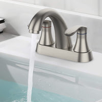 Robinet de salle de bain Garvee de 10 cm (4 po), valve en céramique, fini nickel brossé, double poignée, bonde escamotable, installation facile