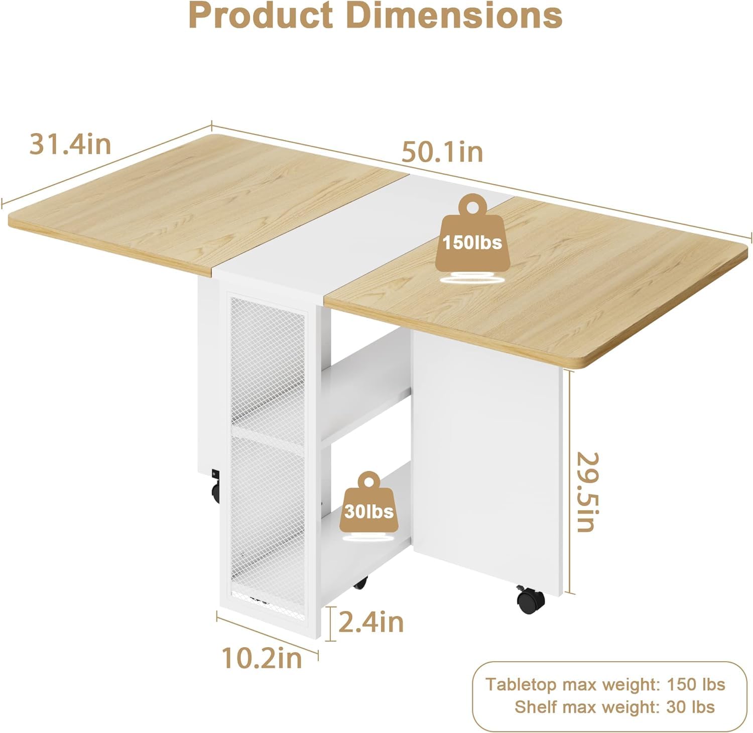 Garvee Table à Manger Pliante Blanche avec Rangement 2 Niveaux, Table de Cuisine Extensible à Rabats, Rectangulaire pour 4, Gain de Place