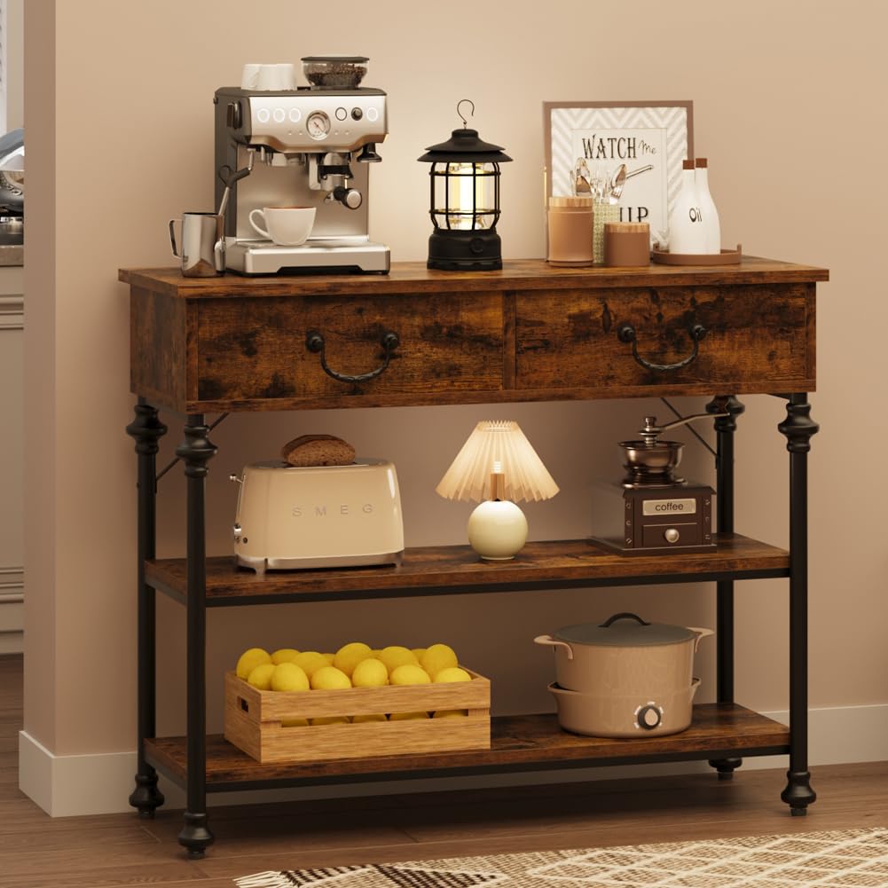 Console Garvee pour entrée, étroite, avec 2 tiroirs, grande étagère, structure en métal, marron rustique, salon, entrée