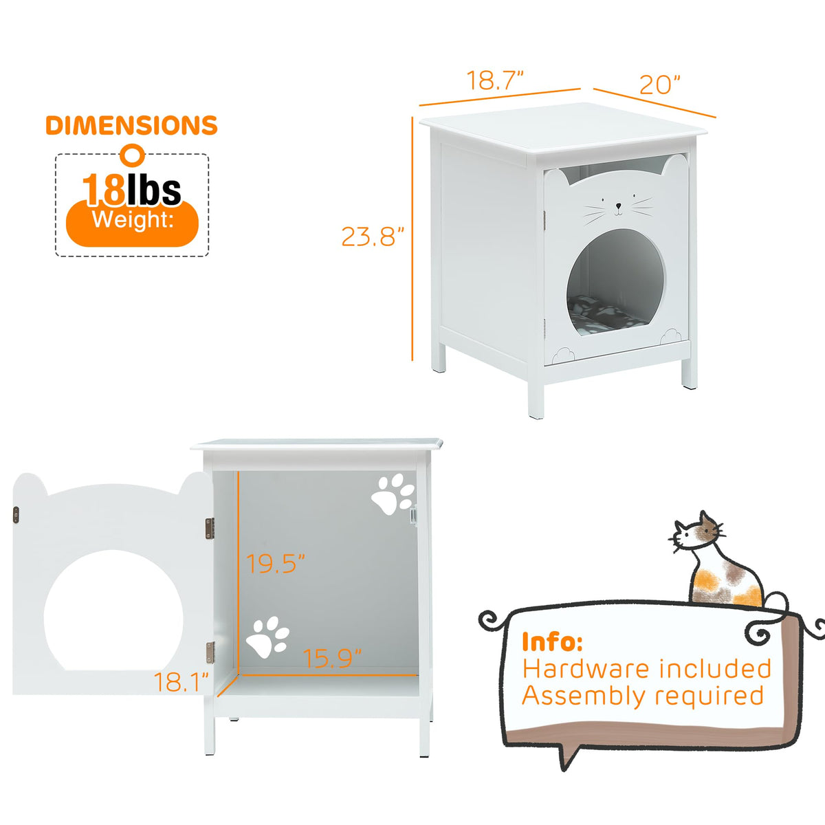 Garvee Bac à litière pour chat avec porte, ventilation, tapis moelleux, table d'appoint, meuble en bois, blanc, gain de place, idéal pour les chambres