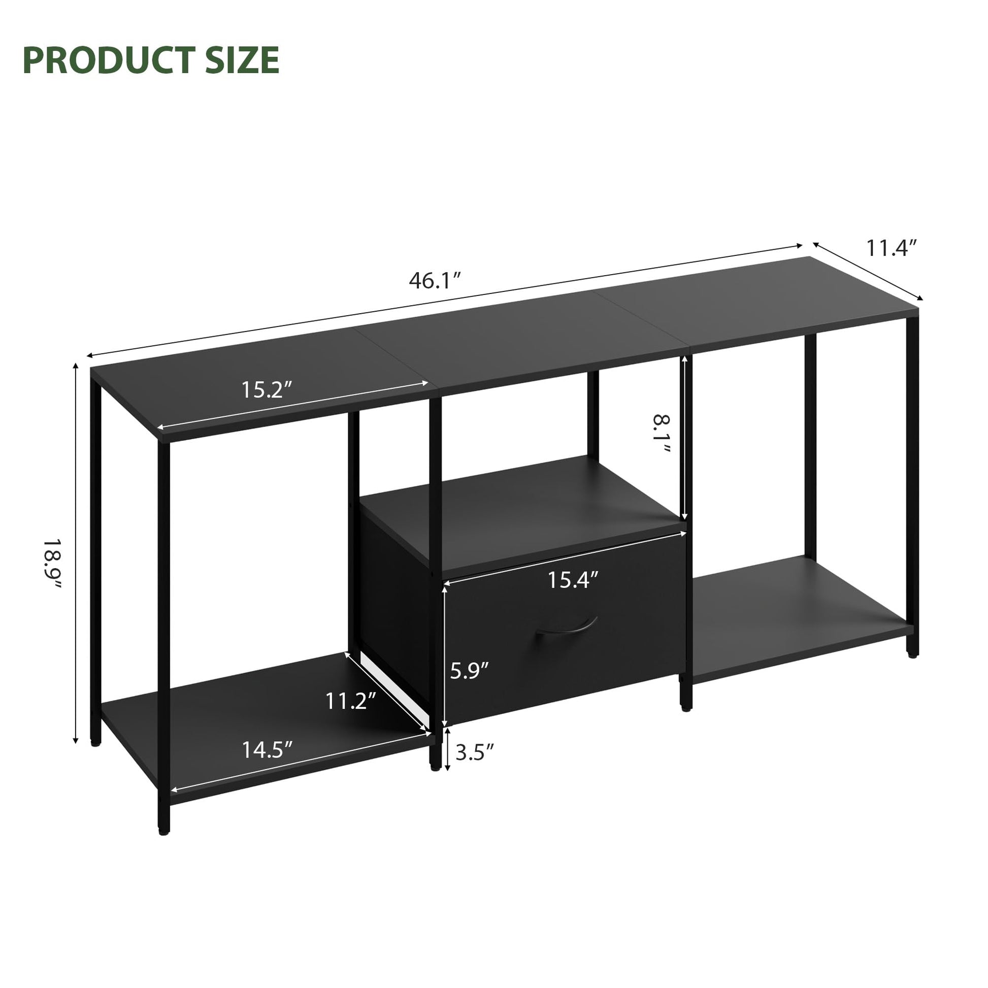 Meuble TV Garvee 55 pouces avec éclairage LED, étagère ouverte, tiroir en tissu, meuble multimédia noir pour salon et chambre