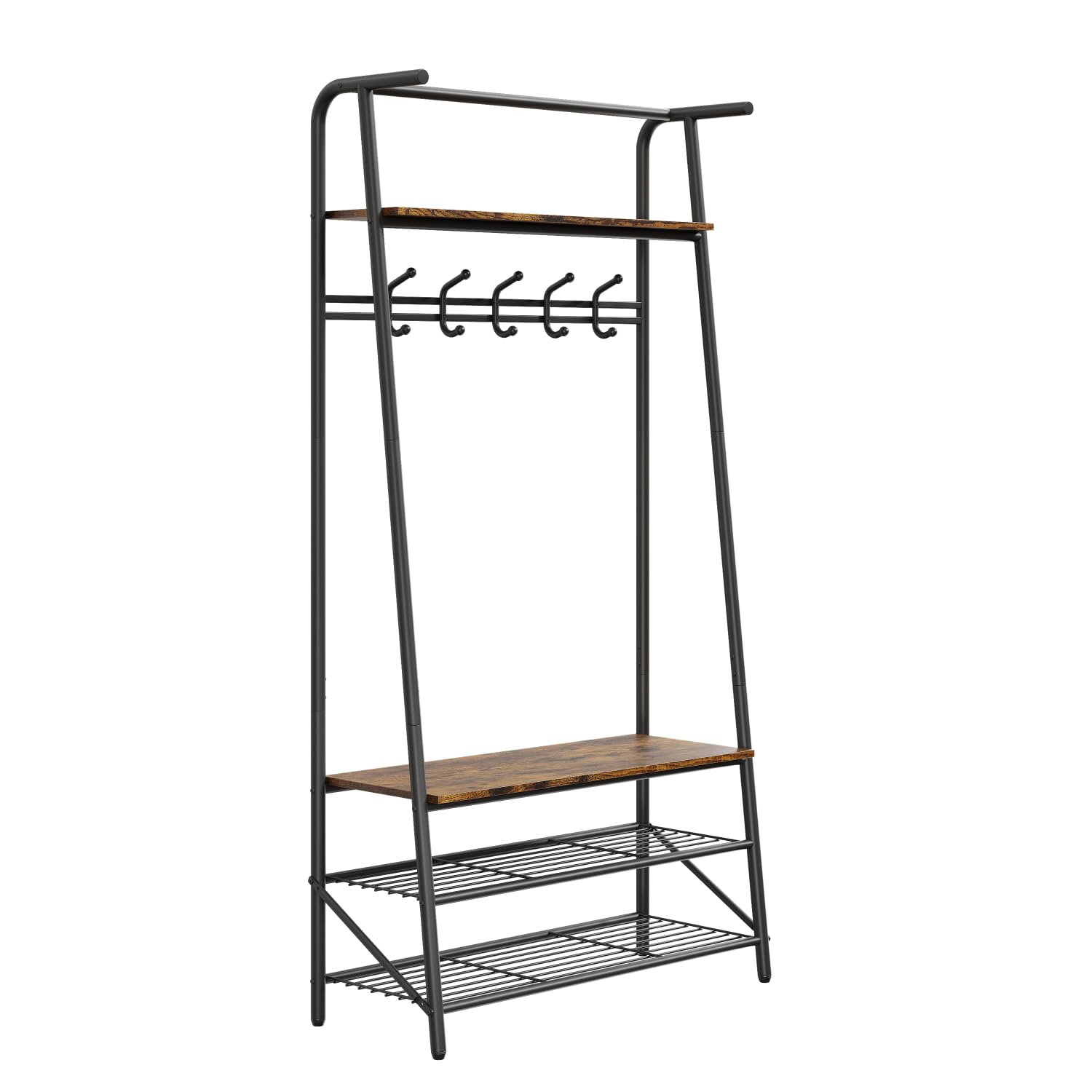 Porte-manteau et banc à chaussures Garvee 4 en 1 – Structure en métal aspect bois, 5 crochets et banc pour entrée et couloir