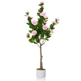 Garvee Lot de 2 camélias artificiels de 1,20m avec pot blanc, pour l'intérieur et les espaces extérieurs couverts, réalistes et faciles d'entretien