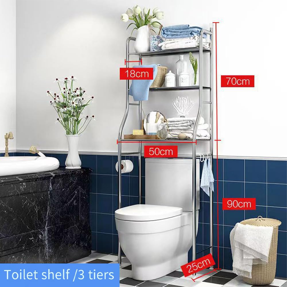 Étagère de salle de bain autoportante à 3 niveaux Garvee en métal avec crochets et porte-papier toilette, idéale pour la salle de bain et la buanderie. Acier inoxydable antirouille, gain de place.