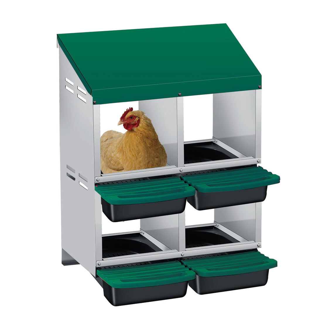 Garvee Nichoir pour Poules 4 Compartiments à 2 Niveaux, Métal Galvanisé au Zinc avec Poignée en Plastique et Plateau Amovible, Vert
