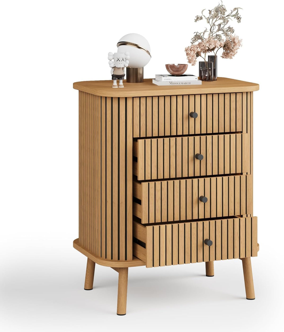 Garvee commode à 4 tiroirs, style mid-century moderne avec porte coulissante, pour la chambre et le salon, en MDF aspect bambou, grand espace de rangement