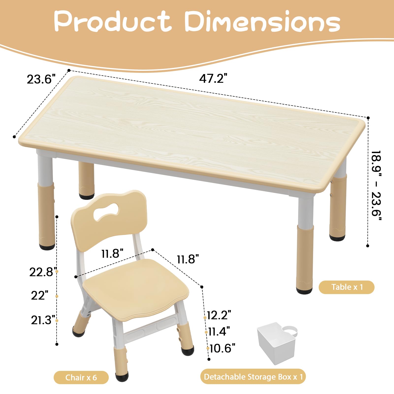 Garvee Ensemble Table et 6 Chaises pour Enfants, Hauteur Réglable, Plateau en Bois Motif Graffiti, Pieds Antidérapants, 120 × 60 cm, Bois Naturel