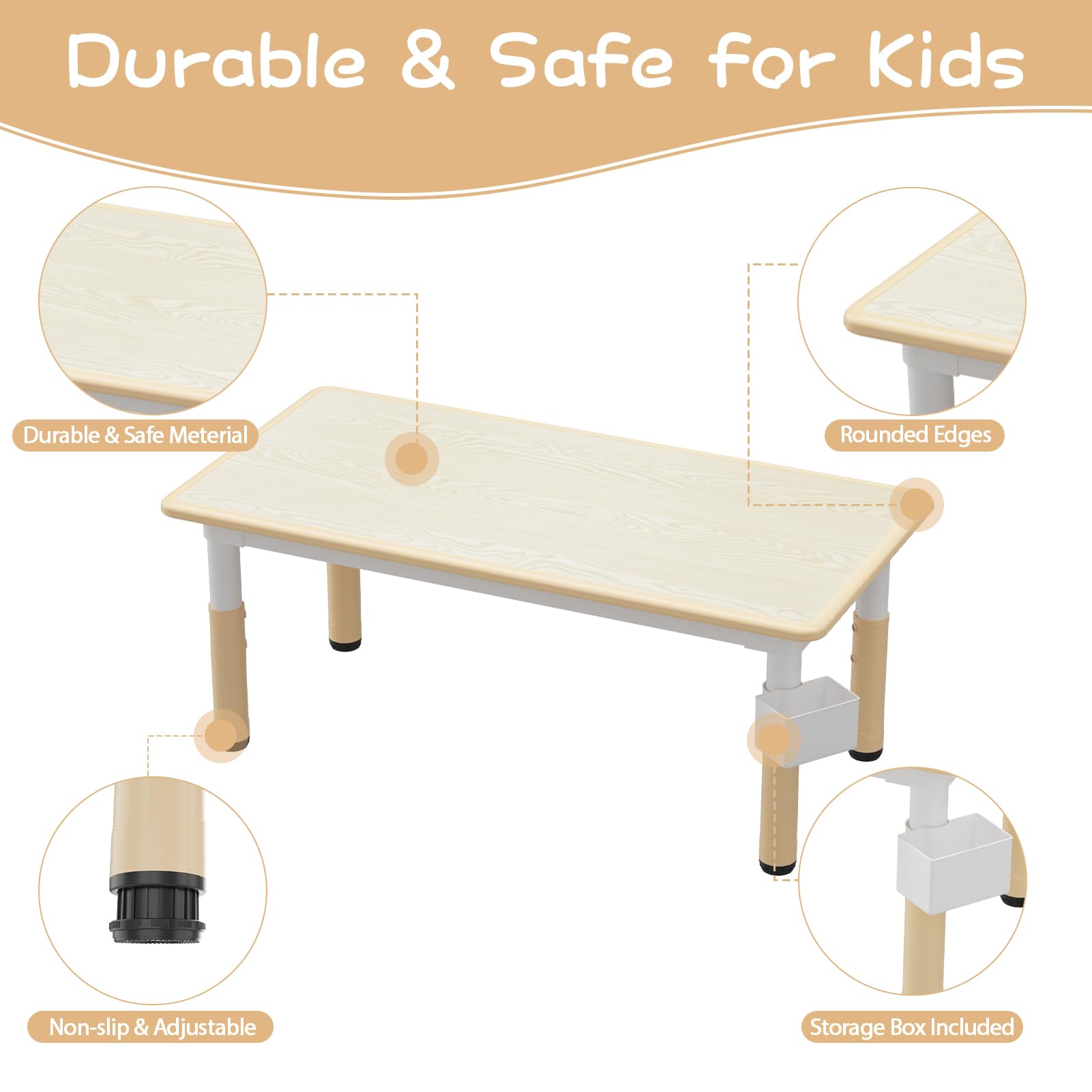 Garvee Ensemble Table et 6 Chaises pour Enfants, Hauteur Réglable, Plateau en Bois Motif Graffiti, Pieds Antidérapants, 120 × 60 cm, Bois Naturel