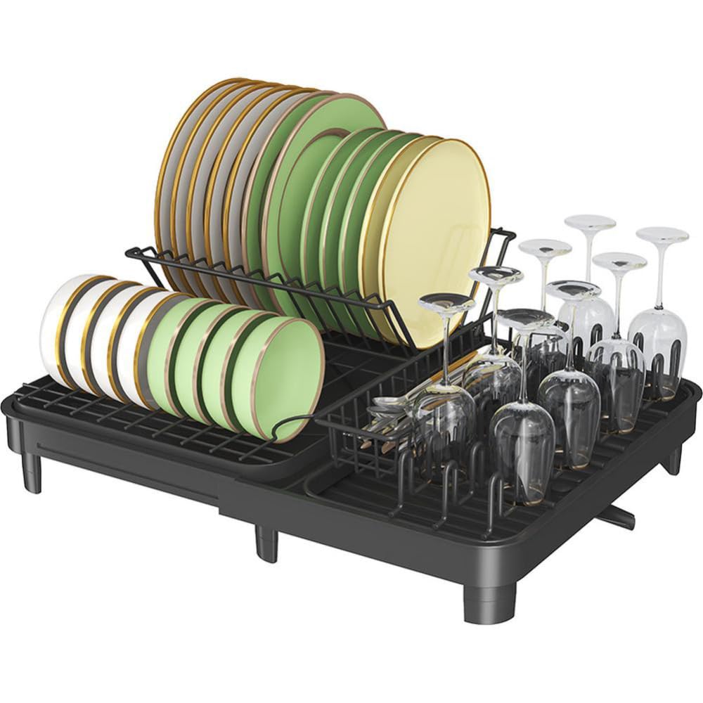 Égouttoir à vaisselle Garvee en acier inoxydable au carbone avec bac d'égouttage et porte-couverts pour petites cuisines, noir, extensible de 32 à 52 cm