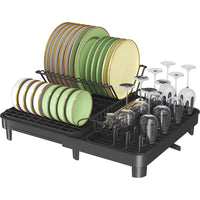 Égouttoir à vaisselle Garvee en acier inoxydable au carbone avec bac d'égouttage et porte-couverts pour petites cuisines, noir, extensible de 32 à 52 cm