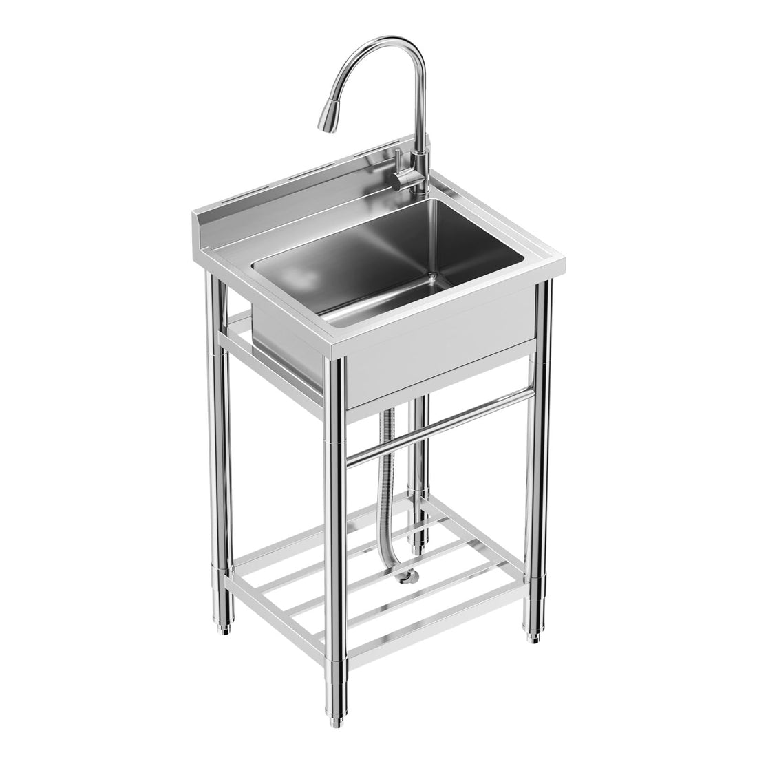 Garvee Évier sur Pied Inox 304 61 × 51 × 104 cm, Bac Unique avec Robinet Eau Chaude/Froide, Vidange Rapide, pour Cuisine et Usage Pro
