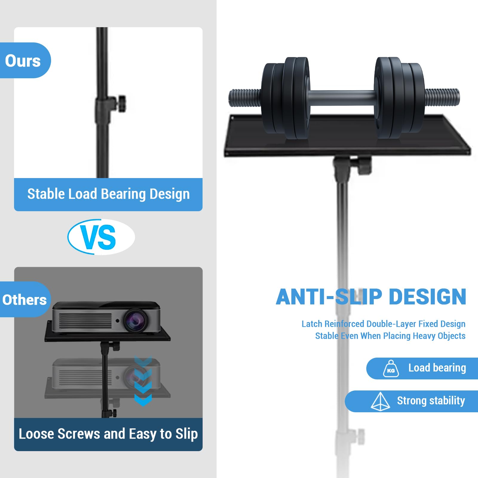 Support de projecteur Garvee avec support pour ordinateur portable réglable en hauteur (66-160 cm), trépied en métal robuste, antidérapant et pliable, idéal pour le bureau, la scène et le studio, noir.