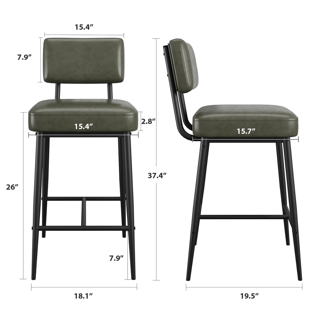 Garvee Ensemble de 2 tabourets de bar, 66 cm, revêtement en similicuir, dossier ergonomique, pieds en métal, pour îlot de cuisine, Vert