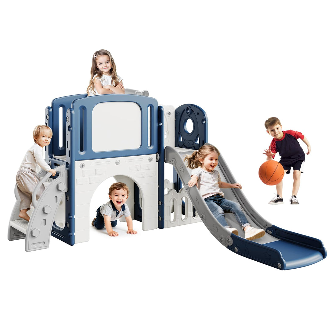 Toboggan Garvee 8 en 1 pour tout-petits, avec échelle et panier de basket, stable et sécurisé, en PEHD, pour le jardin et le salon, couleurs vives.