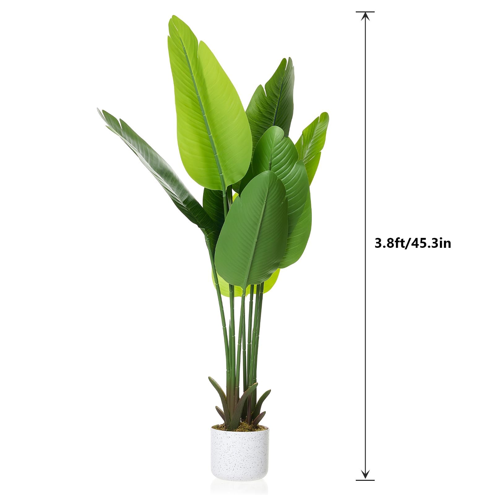 Palmier artificiel Garvee de 1,16 m (3,8 pi) avec grandes feuilles de bananier, résistant aux UV, poids stable, en soie pour une utilisation intérieure et extérieure, vert et blanc.