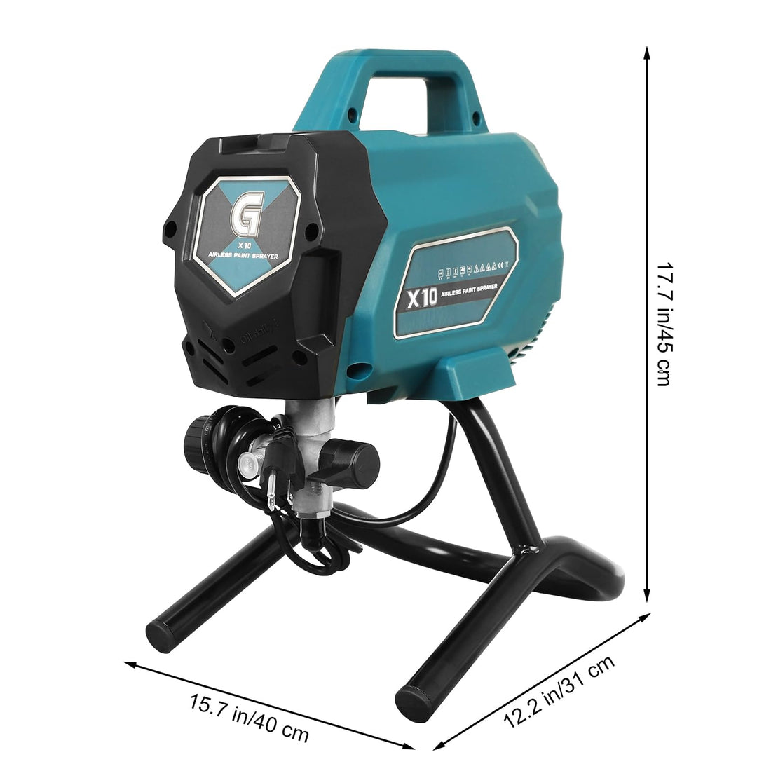 Pistolet à peinture sans air Garvee X10, débit 0,32 GPM, pression 3300 PSI, puissance 750 W, avec kit de nettoyage et rallonge pour maison et clôture.