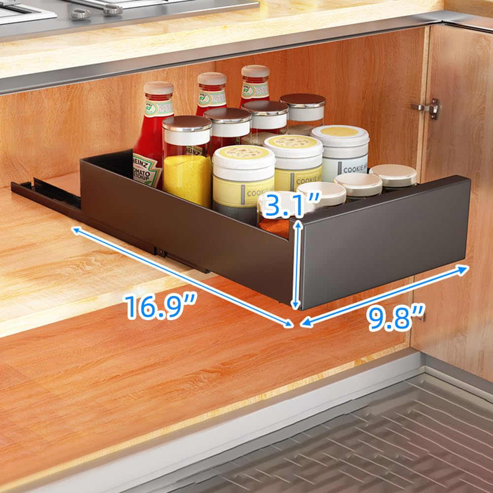 Organisateur de placard de cuisine extensible Garvee en acier au carbone, 25 cm de large, pour la cuisine et la salle de bain, silencieux, auto-adhésif, capacité de charge de 25 kg