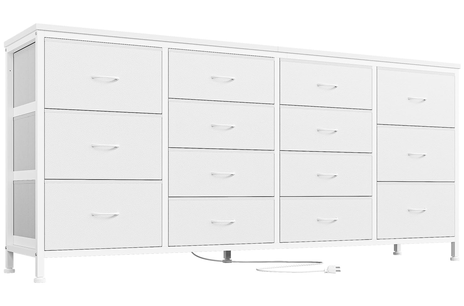 Garvee Meuble TV blanc 160 cm avec 14 tiroirs, prises électriques, pour chambre et salon, en tissu et bois, durable et anti-basculement