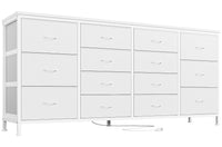 Garvee Meuble TV blanc 160 cm avec 14 tiroirs, prises électriques, pour chambre et salon, en tissu et bois, durable et anti-basculement