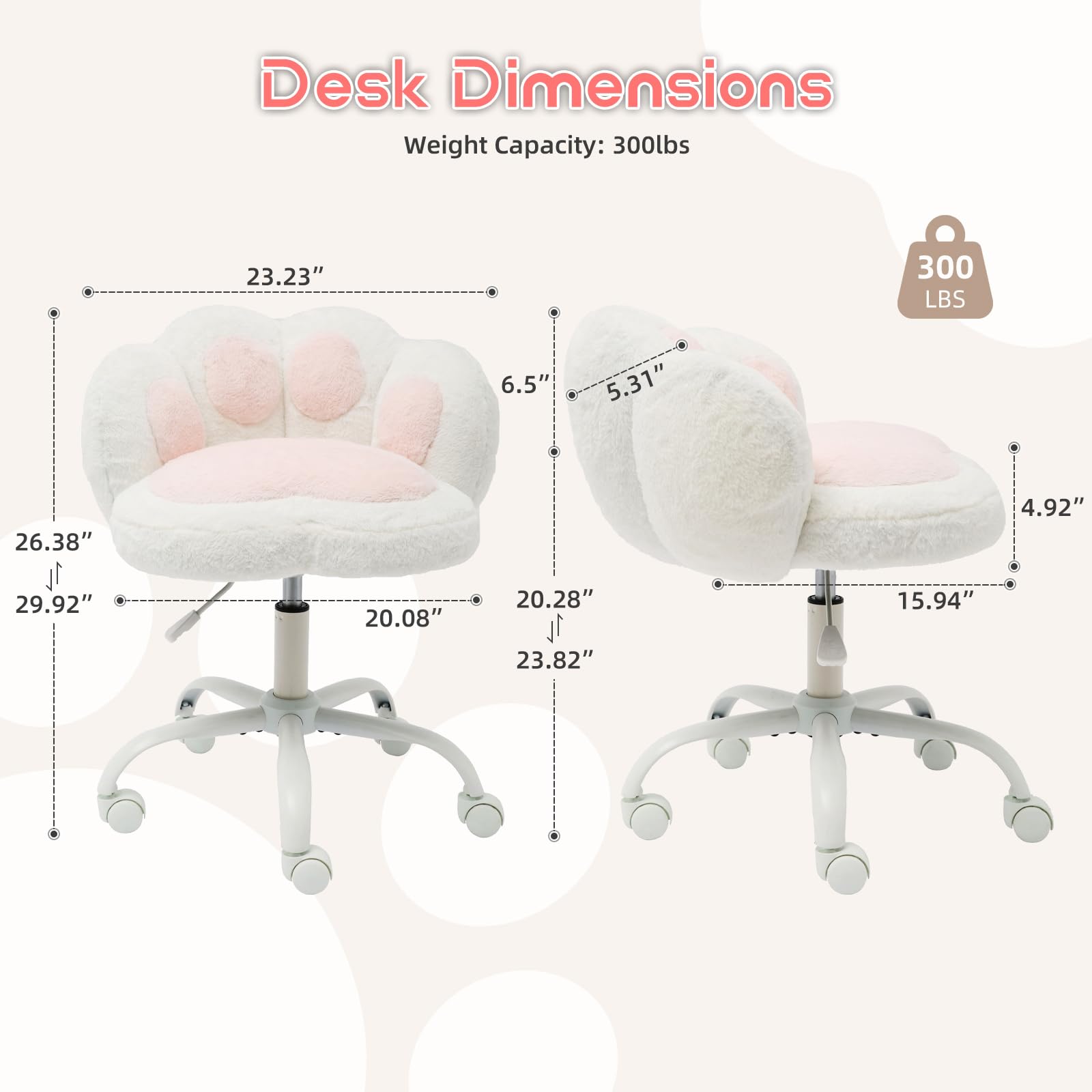 Chaise de coiffeuse Garvee à roulettes, pivotante à 360°, réglable en hauteur, coussin moelleux, structure en métal, dossier en forme de patte de chat, confortable et stable, grise, idéale pour le bureau et la chambre.