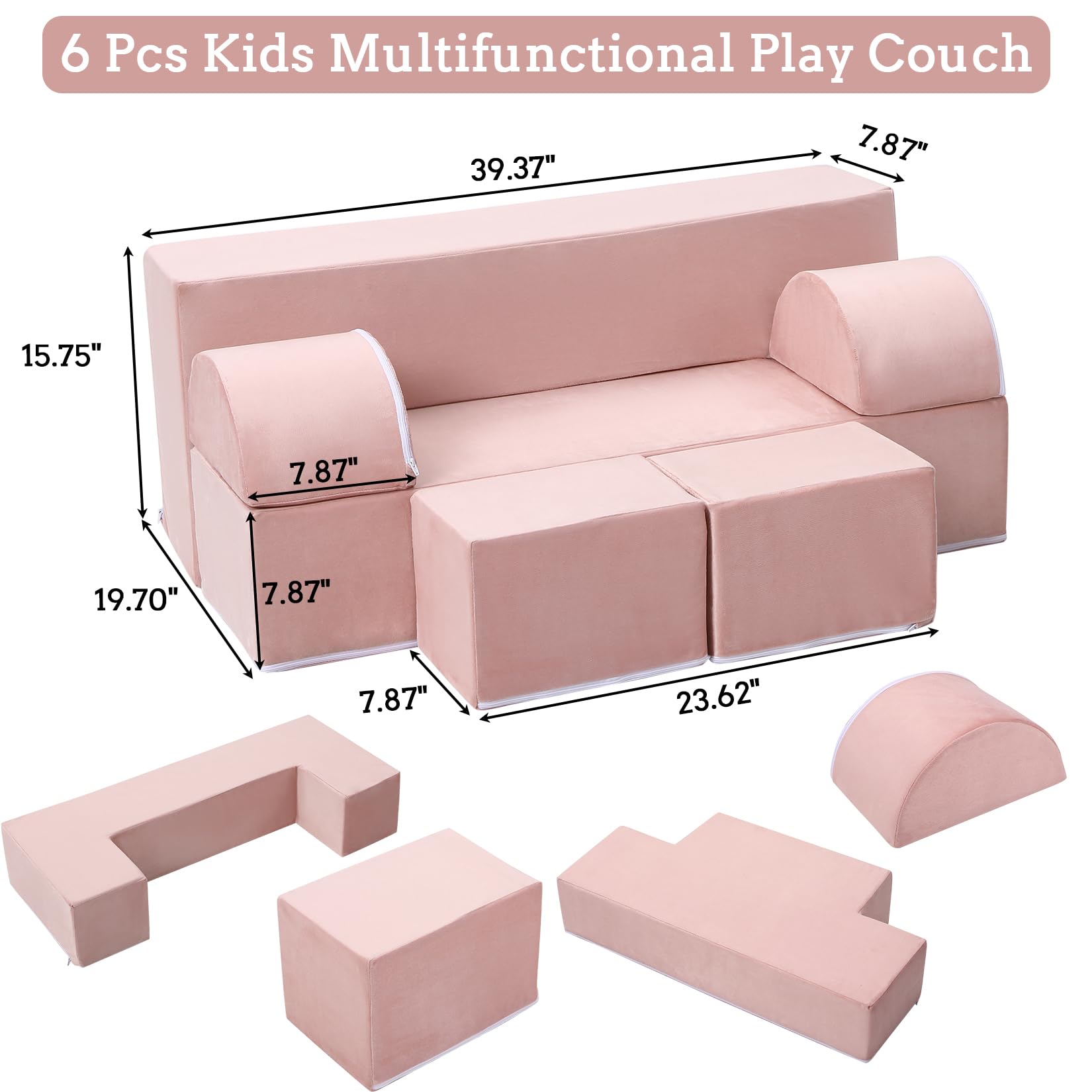 Canapé de jeu pour enfants Garvee, 6 pièces, modulaire, rose, housse en microfibre douce, pour salle de jeux, 100 x 50 x 40 cm