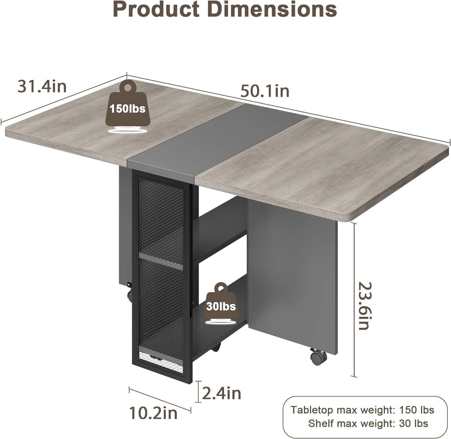 Garvee Table à Manger Pliante Grise avec Rangement 2 Niveaux, Table de Cuisine Extensible à Rabats, Rectangulaire pour 4, Gain de Place, Bureau et Maison