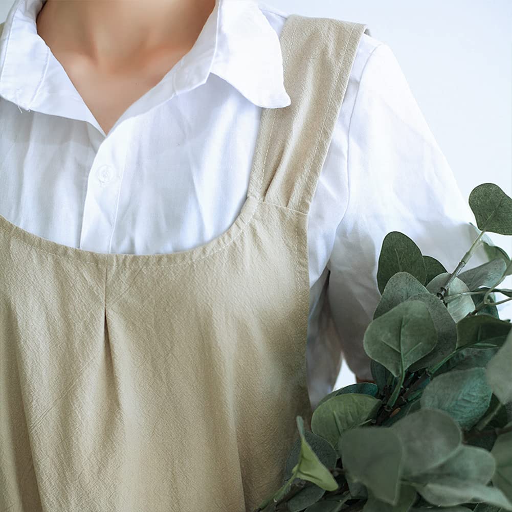 Tablier Garvee en coton et lin pour femme, style tablier, bretelles croisées ouvertes, 2 grandes poches, idéal pour la cuisine et les grillades, 72 x 90 cm, couleur naturelle