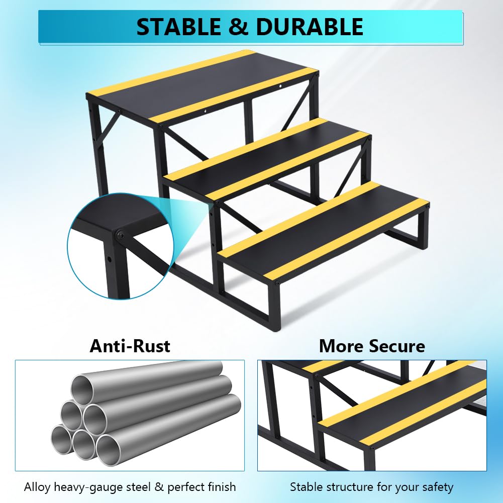 Garvee Escalier portable 3 marches avec rampe, bandes antidérapantes, métal robuste, pour camping-car, mobil-home, caravane, spa, piscine hors-sol, intérieur/extérieur