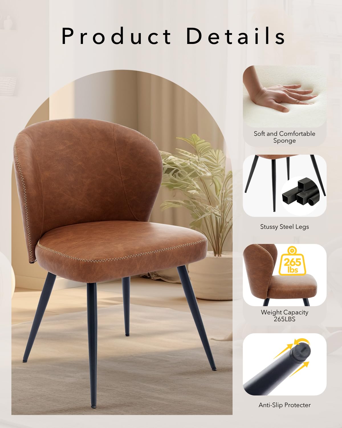 Garvee Ensemble de 2 chaises de salle à manger , rembourrées, avec pieds en acier et dossier haut en cuir, pour la cuisine et la salle à manger, 59 cm, Brun