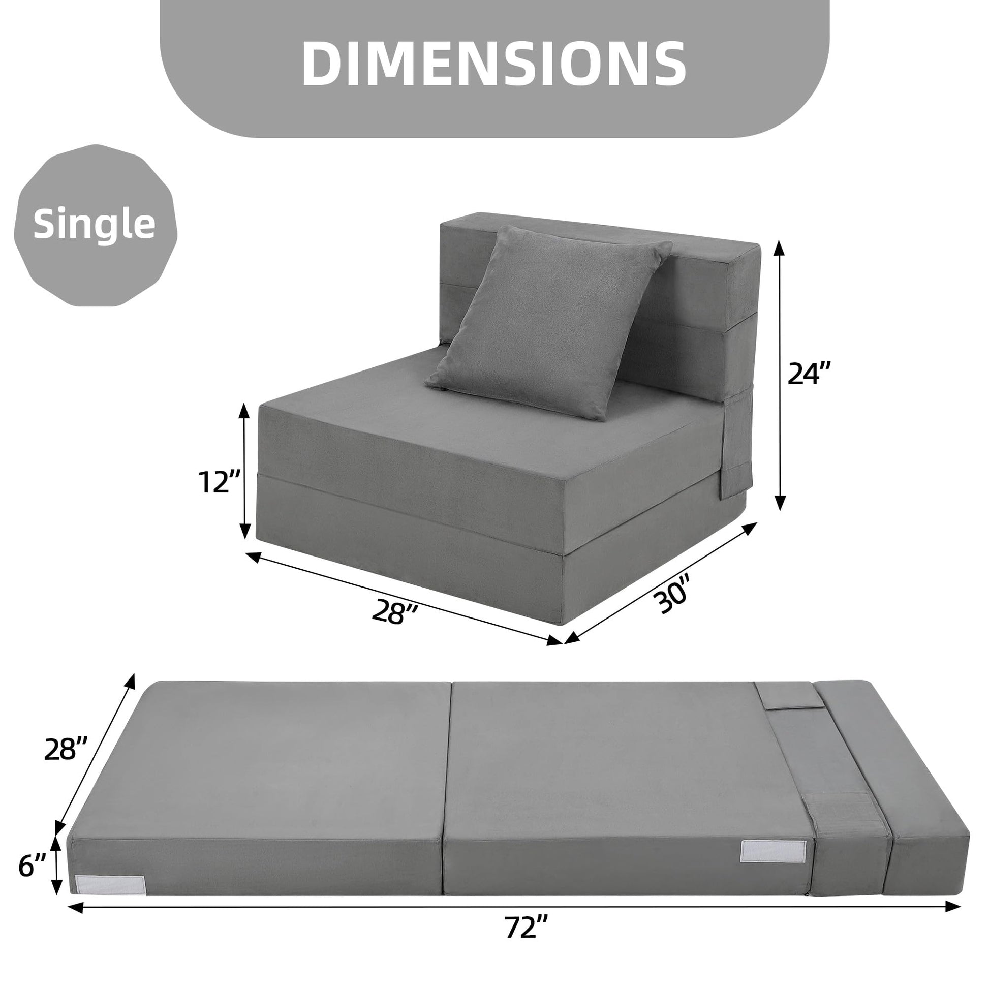 Canapé-lit pliable Garvee avec oreillers, mousse à mémoire de forme, multifonctionnel pour salon et bureau, 182 x 71 x 15 cm, gris