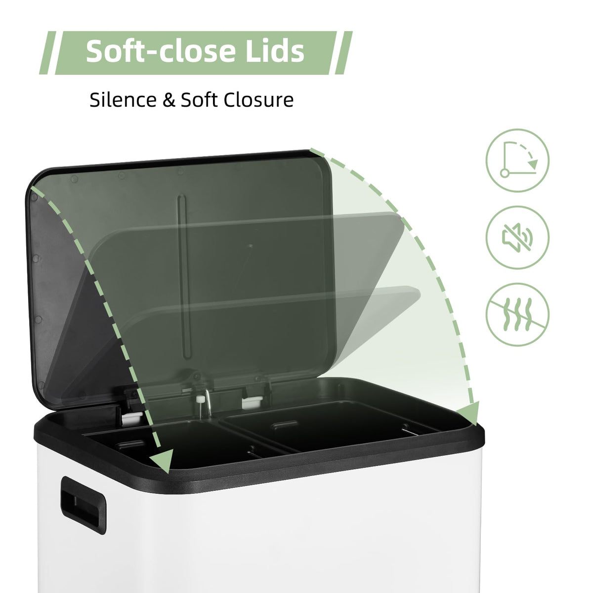 Poubelle double compartiment Garvee en acier inoxydable 30 L avec couvercle à fermeture douce, compacte et argentée, idéale pour les petites cuisines.