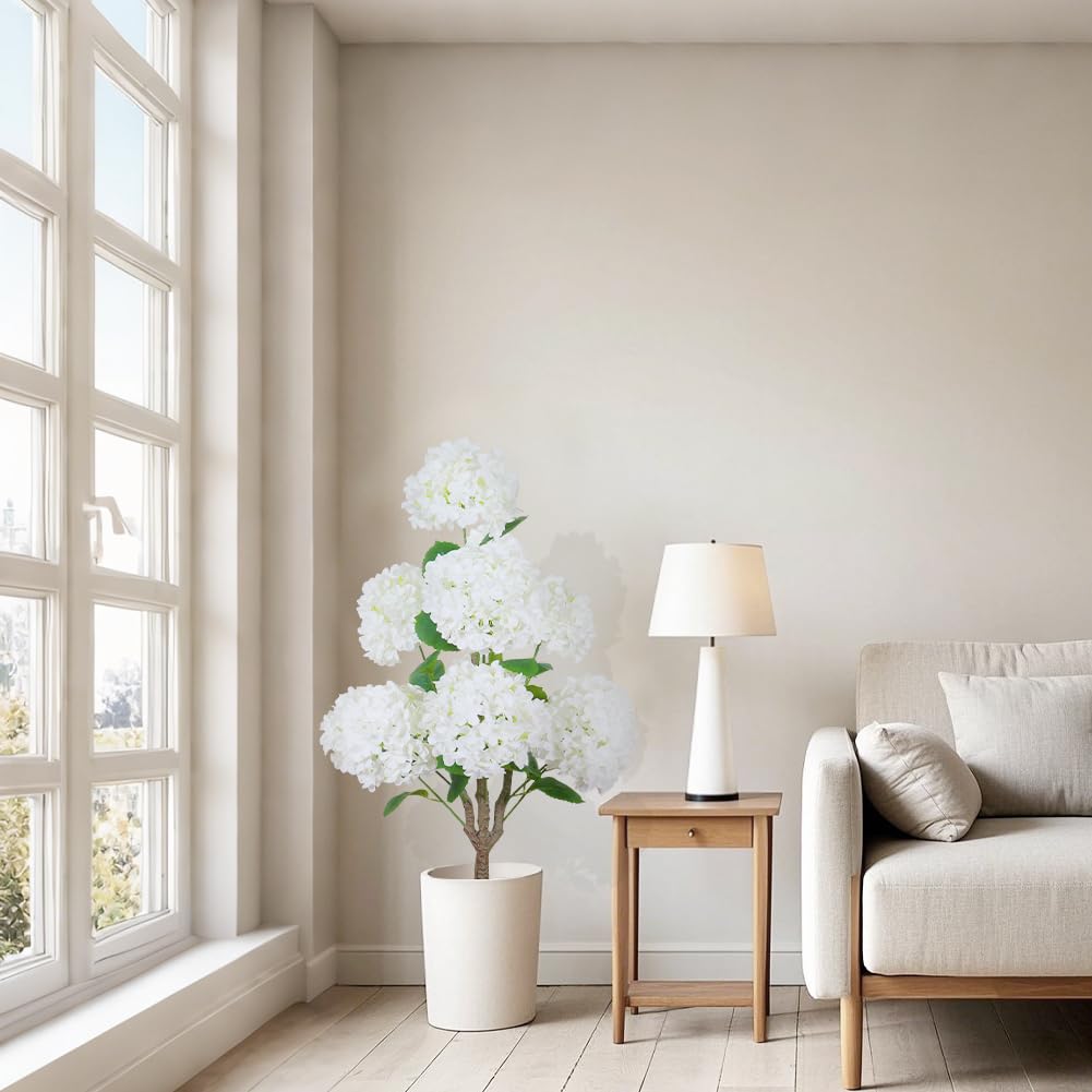 Hortensia artificiel Garvee de 90 cm avec pot en ciment robuste, blanc réaliste, idéal pour mariages et bureaux.