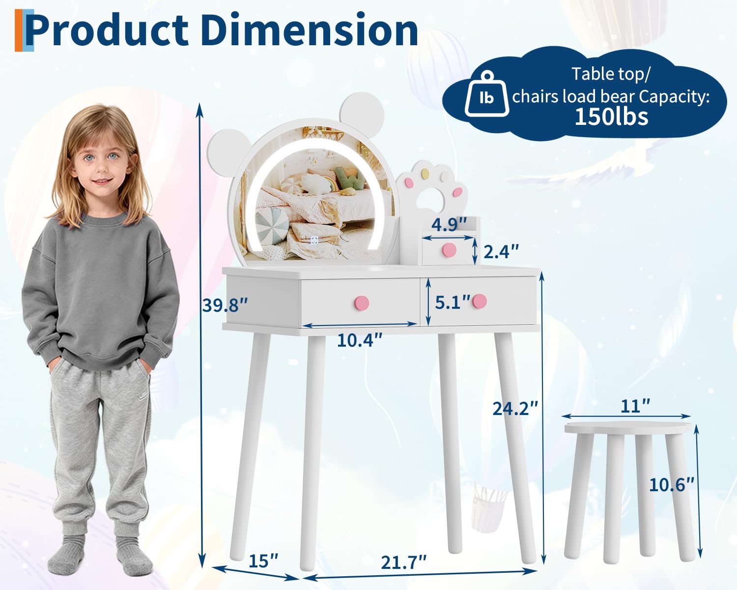 Coiffeuse Garvee pour enfants avec lumière LED, miroir en forme d'ours, rangement, bois certifié FSC, support à fleurs pour salle de jeux de filles, 55 cm (L) x 38 cm (l) x 101 cm (H)