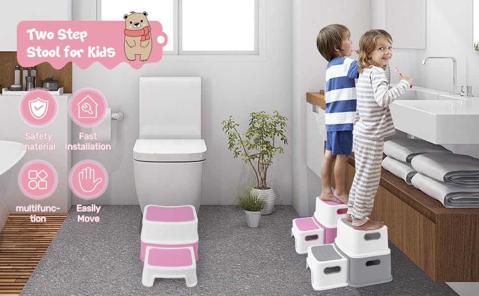 Marchepied enfant Garvee, 2 marches, en polypropylène, antidérapant et stable, pour salle de bain, cuisine, évier, rose