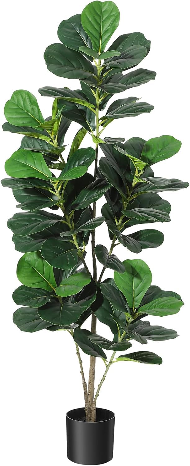 Garvee Ficus lyrata artificiel 152 cm en polyester avec pot blanc, arbre décoratif réaliste et durable pour intérieur et extérieur