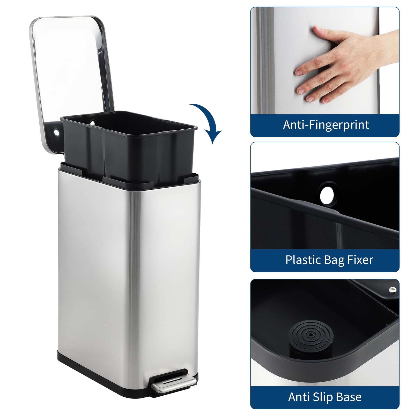 Poubelle de cuisine Garvee 13 gallons en acier inoxydable avec couvercle à fermeture douce et pédale mains libres pour la cuisine et le bureau, design mince, anti-traces de doigts
