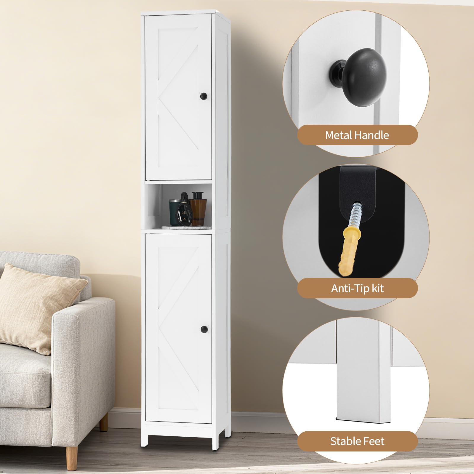 Meuble de salle de bain Garvee 170 cm de haut avec 2 portes coulissantes, 1 tiroir, pour salle de bain et cuisine, en bois, étroit, robuste et polyvalent, avec portes en acrylique transparent et blanc.