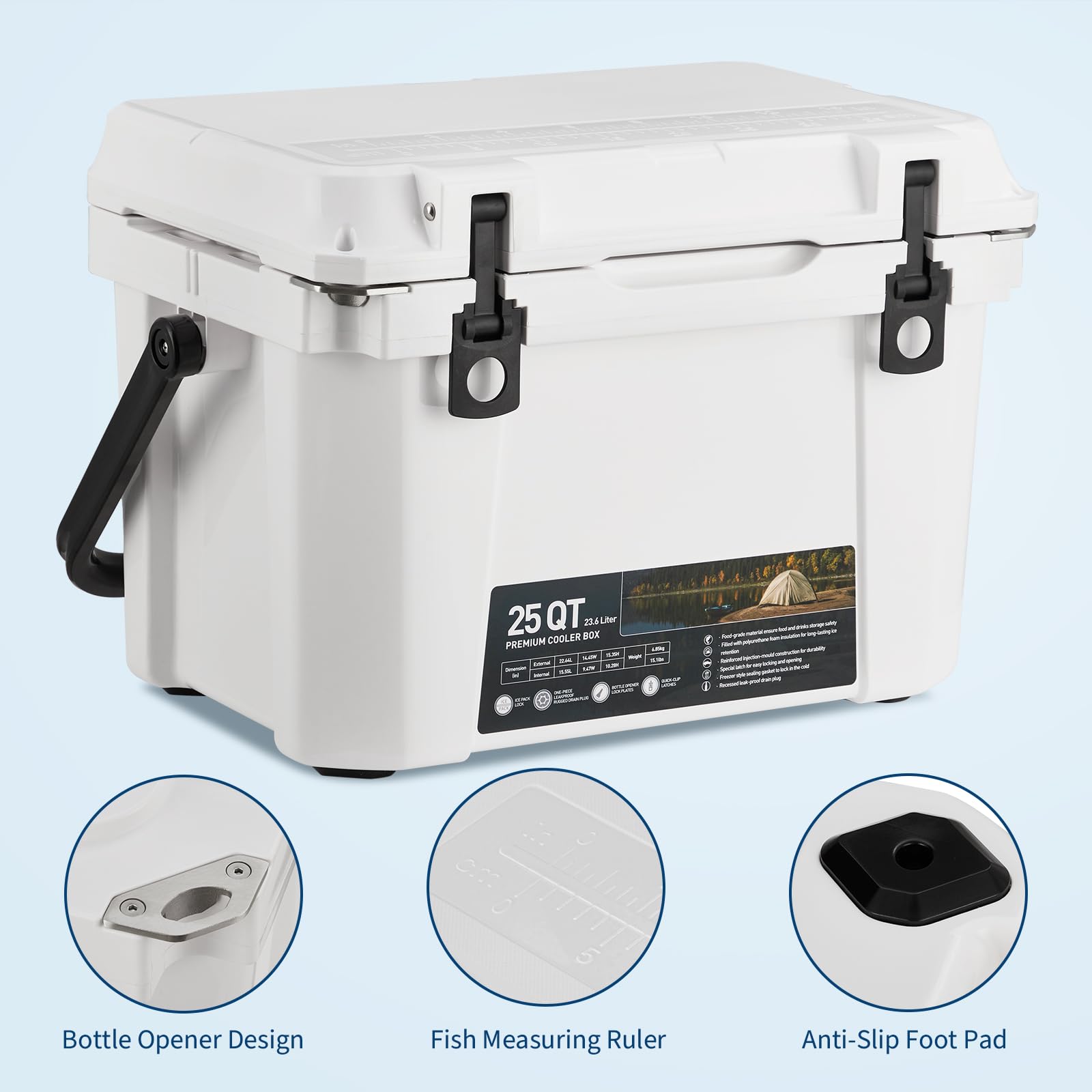 Glacière rigide portable Garvee de 25 pintes avec poignée et tuyau de drainage pour le camping et la pêche, isolée, en PE, bleue