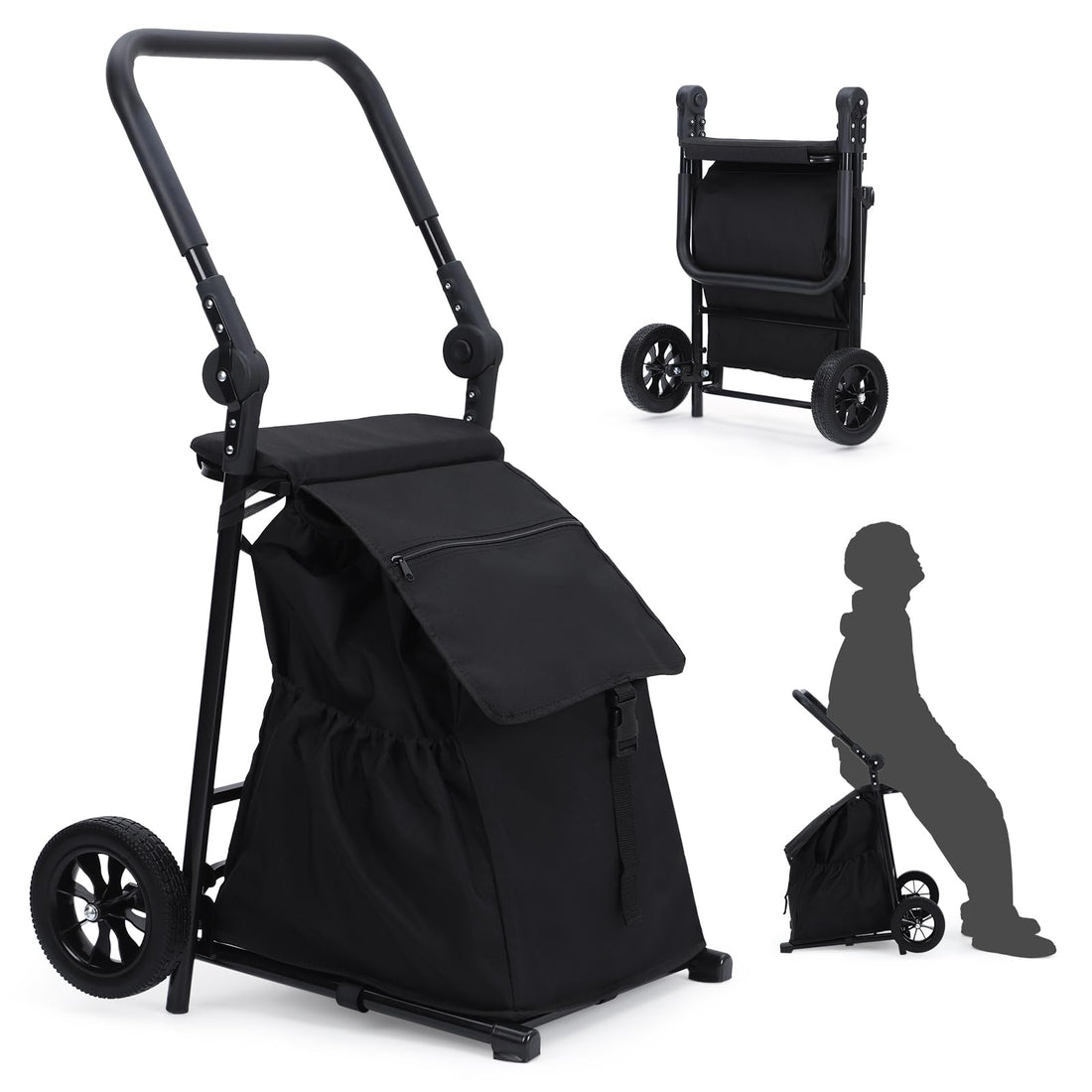 Chariot de courses pliable 2 en 1 Garvee avec siège, sac étanche de 123 L, capacité de charge de 60 kg, cadre en métal, roues tout-terrain de 17 cm, pliable pour les courses et les activités de plein air, noir