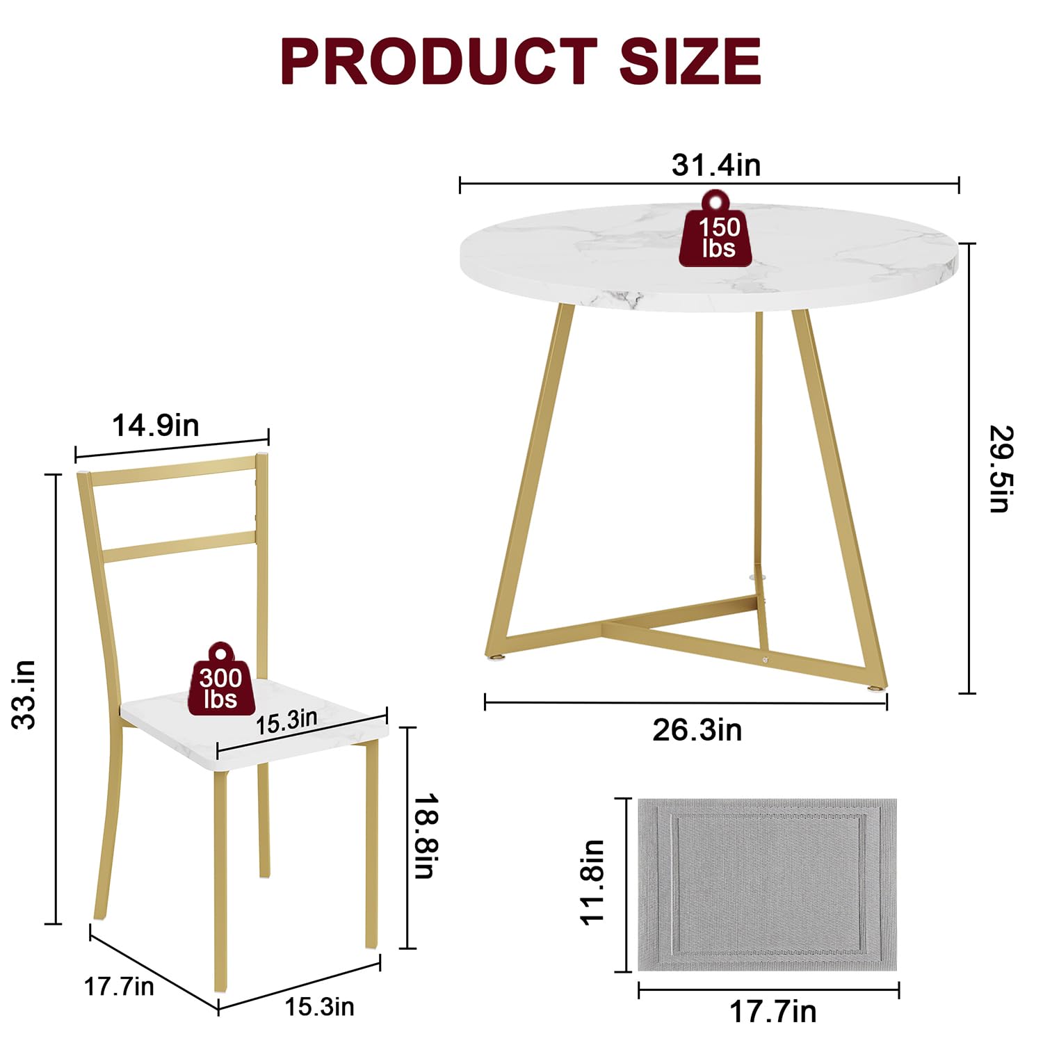 Ensemble table et chaises de salle à manger Garvee pour 2 personnes, table de cuisine ronde moderne avec chaises rembourrées, marbre blanc et or, MDF et acier, gain de place pour les petites pièces