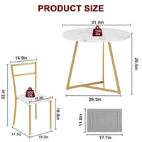Ensemble table et chaises de salle à manger Garvee pour 2 personnes, table de cuisine ronde moderne avec chaises rembourrées, marbre blanc et or, MDF et acier, gain de place pour les petites pièces