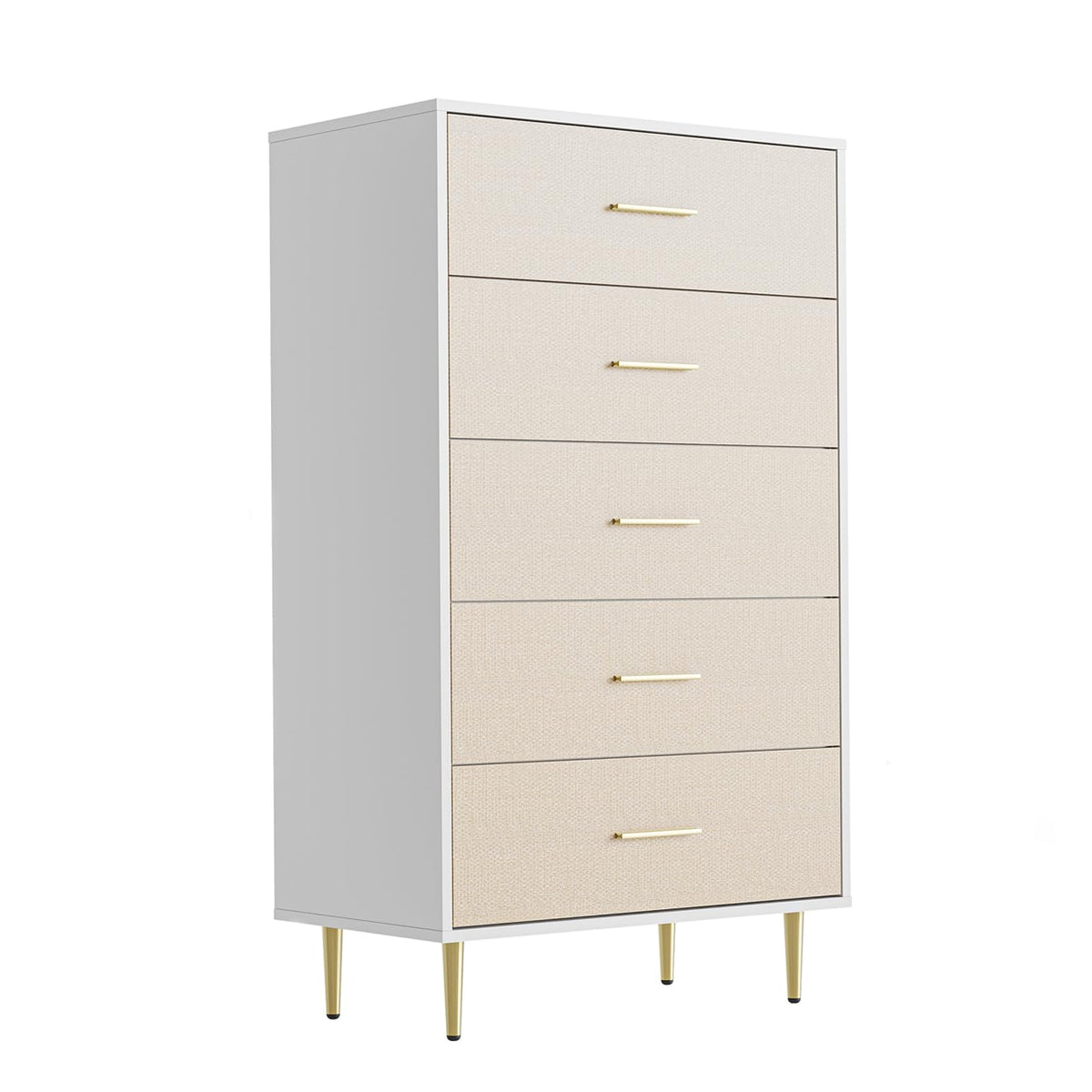 Commode Garvee blanche à 5 tiroirs avec poignées et pieds en métal doré, étroite, en bois, design moderne, idéale pour la chambre et l'entrée.