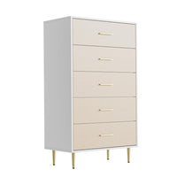 Commode Garvee blanche à 5 tiroirs avec poignées et pieds en métal doré, étroite, en bois, design moderne, idéale pour la chambre et l'entrée.