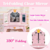 Garvee Coiffeuse pour enfants avec miroir triptyque et tabouret, bureau de maquillage princesse 2 en 1 en bois, ensemble de jeu d'imitation pour tout-petits, Rose