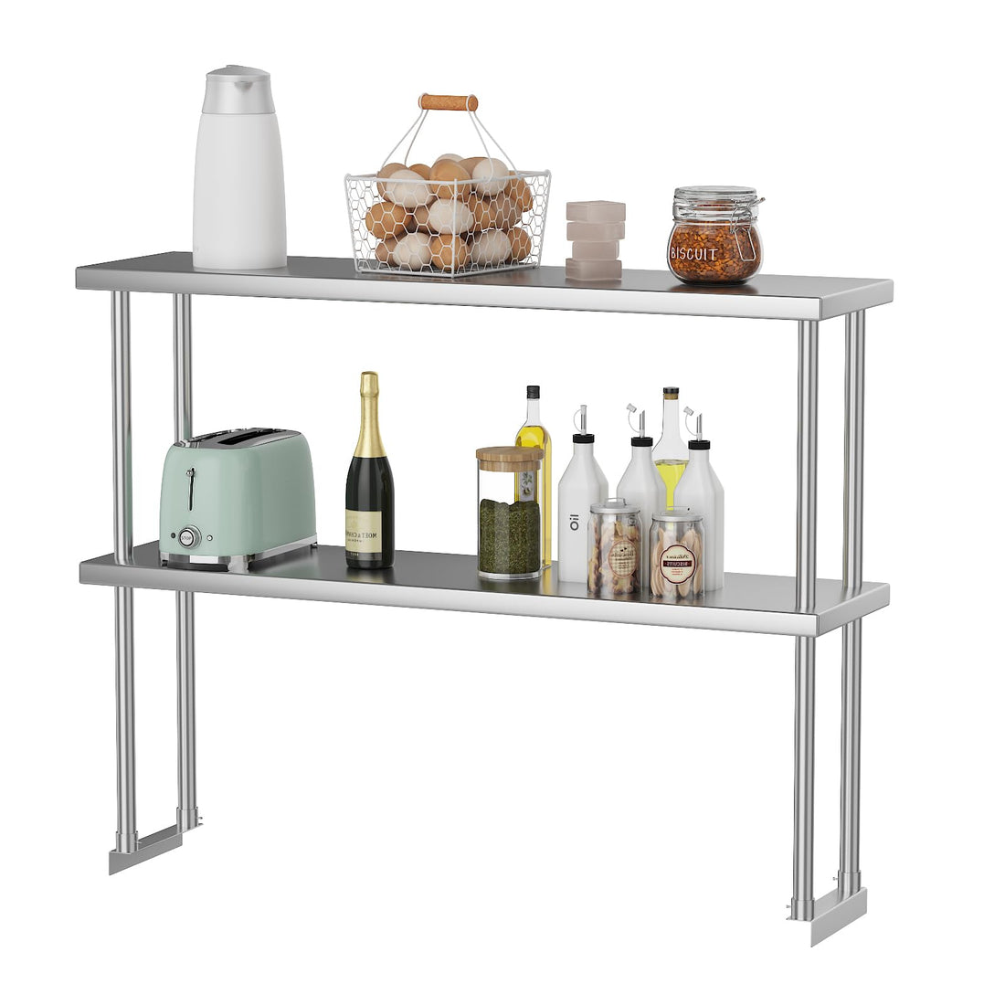 Étagère double supérieure Garvee en acier inoxydable 12 x 48 pouces, réglable, à 2 niveaux, pour cuisine et atelier, résistante à la rouille et robuste.