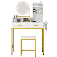 Meuble de coiffure moderne Garvee avec miroir pivotant à 360°, ports USB, 2 tiroirs, bois, tabouret confortable pour chambre et dressing, noir et blanc