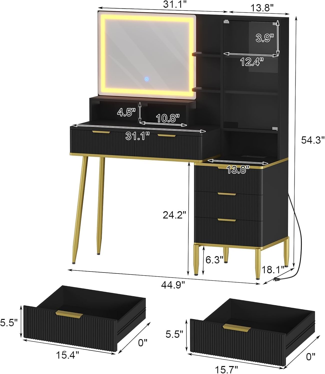 Garvee Coiffeuse cannelée avec miroir et éclairage LED, 5 tiroirs, station de chargement USB, noir et or, chambre, 114 cm (114 cm)